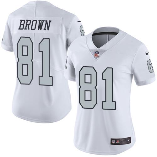 Nike Raiders #81 Tim Brown White Women's Stitched NFL Limited Rush Jersey - Click Image to Close